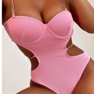 Pink Chain One Piece Swimsuit High Cut Bathing Suit Push Up Sexy Beach Party